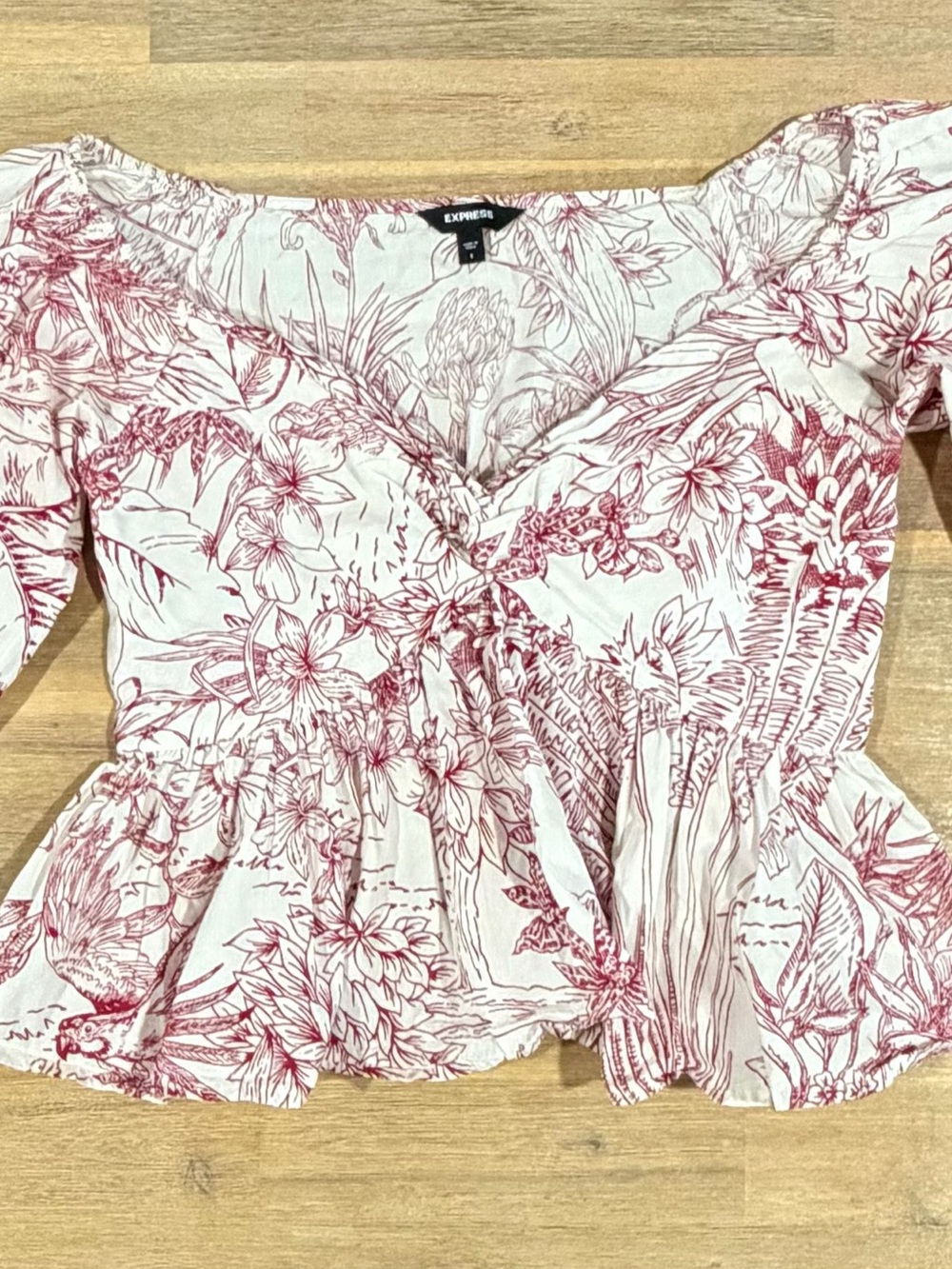 Express White Top with Red Floral Wrap Peplum